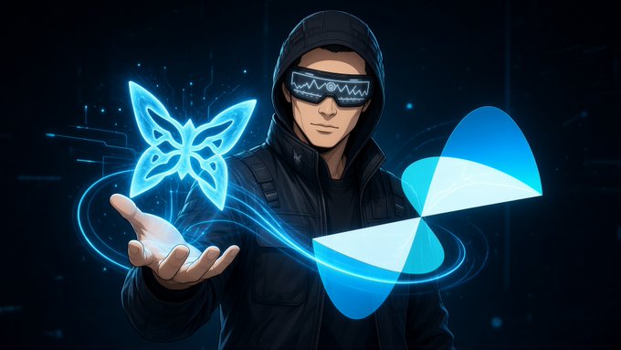 Digital illustration of a hooded figure wearing futuristic visor glasses, holding a glowing blue butterfly hologram alongside an abstract blue Swoosh-like logo.