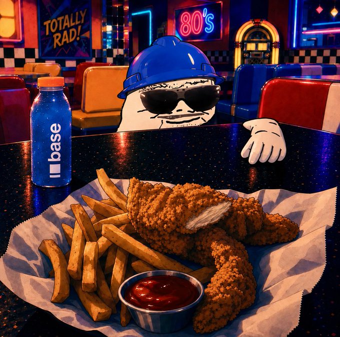A meme-style image shows a Wojak character wearing a blue hard hat and sunglasses at a retro 80s diner, with fried chicken tenders, fries, ketchup, and a blue 'base' branded water bottle on the table.