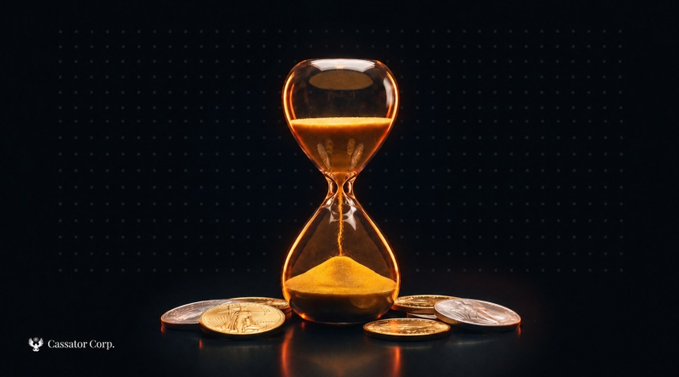 An hourglass filled with golden sand sits on top of various coins, symbolizing the time-limited "Golden Bridge Event" promoted by Cassator Corp's Sl8 Social platform offering boosted staking APYs across multiple chains including BASE, ARC, XRP, RLUSD, USDC, USDT, and SOL from September 29 to October 29.