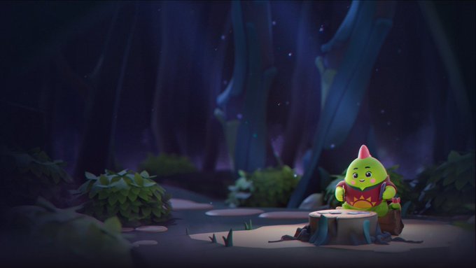 A 3D-rendered animated character, a small green creature wearing a red sweater, sitting in a dark forest setting and reading a book.