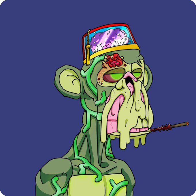 A cartoonish zombie character with green skin, exposed brain, and melting flesh, smoking a spiked pipe.