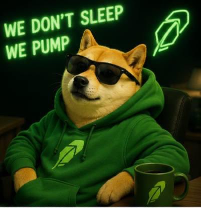 A meme-style image of a Shiba Inu dog wearing sunglasses and a green hoodie, accompanied by the text 'WE DON'T SLEEP WE PUMP' and a green leaf logo with a coffee mug.