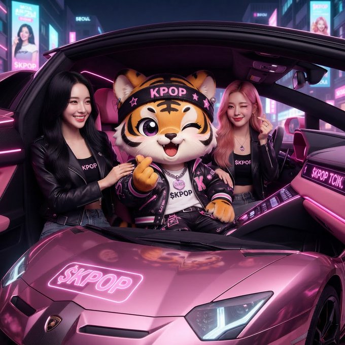 A pink neon Lamborghini labeled “SKPOP” carries two smiling women alongside a tiger mascot in K-pop streetwear, with “KPOP” and “$KPOP” prominently displayed. It visualizes the post’s bullish forecast for Korea’s K-pop market, symbolized by the ticker $KPOP and paired with $EWY after 8 a.m. and throughout the weekend.