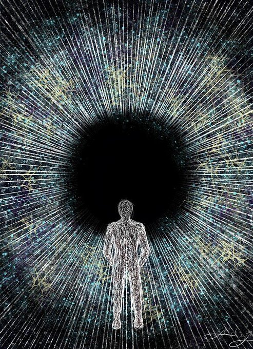 An illustration depicts a humanoid figure standing before a large black void surrounded by radiating lines of light in dark blue and yellow tones.