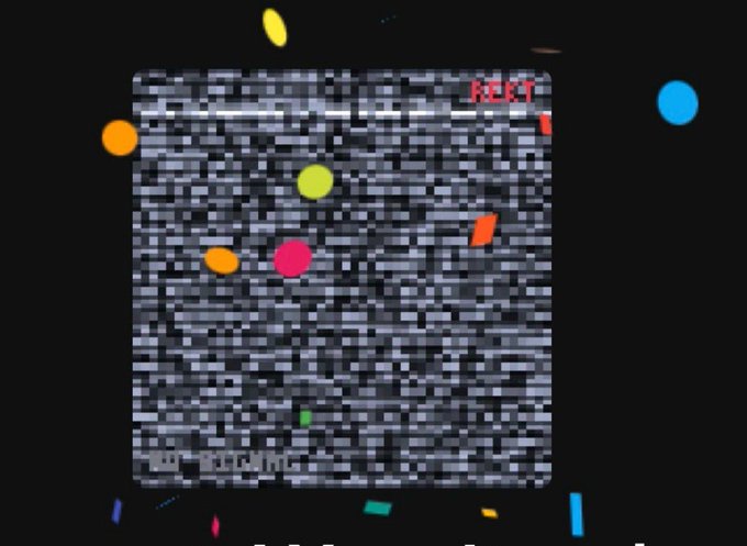 A pixelated 'REKT' image with a noise/glitch effect and scattered colorful confetti-like shapes on a black background.