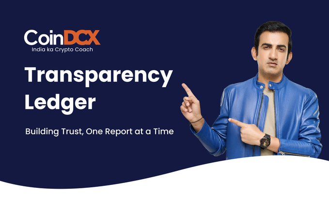 A promotional image for CoinDCX featuring the company's logo with the tagline "India ka Crypto Coach" alongside bold text reading "Transparency Ledger — Building Trust, One Report at a Time," with Indian actor and brand ambassador Gautam Gambhir pointing to the message, visually reinforcing the post's announcement of the platform's July 2026 monthly transparency report.