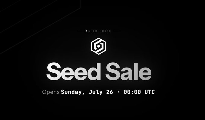 A promotional graphic on a dark background announcing a 'Seed Sale' with text reading 'SEED ROUND,' 'Seed Sale,' and 'Opens Sunday, July 26 · 00:00 UTC.'