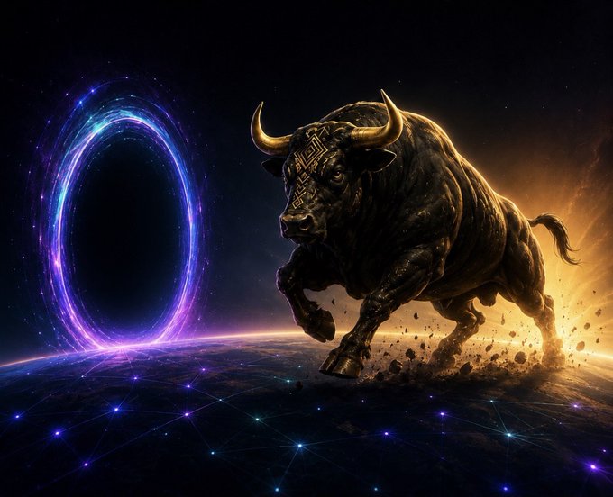 A powerful charging bull emerges through a glowing purple portal onto a cosmic, constellation-lit surface, symbolizing a powerful bullish breakout. The imagery aligns with the post's message of the $SUNUSI bull returning for another takeoff, evoking themes of strength, momentum, and renewed upward movement.