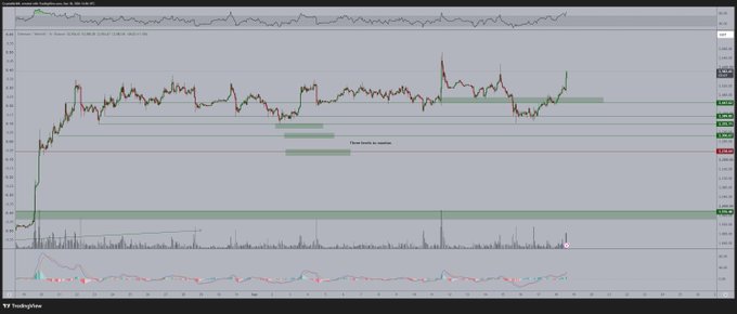 A TradingView stock chart displaying candlestick price action with green and red bars, volume indicators at the bottom, and annotations including 'Failed Auction as supply zone.'