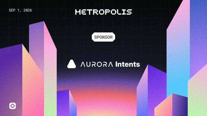 A vibrant cityscape promotional graphic for the Metropolis hackathon dated Sep 1, 2026, featuring a "Sponsor" label and "AURORA Intents" logo, announcing a $5K bounty across 3 winners in partnership with @monad.