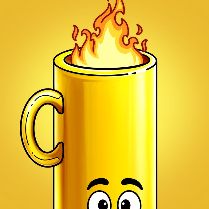A cartoon yellow coffee mug with a face character labeled "C" on its side contains flames bursting from the top, symbolizing the heated momentum of the VeChain ($VET) brews reaching the new stretch tier of 600,000 brews toward 5,500,000 VTHO rewards.