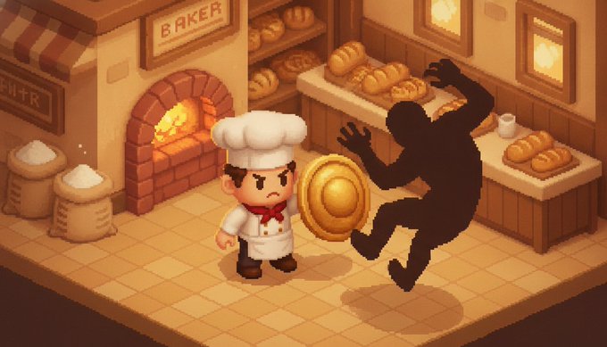 The image features a cartoon scene of a baker and a shadow character fighting over bread. The baker is wearing a white hat, apron, and a chef's jacket while holding a shield. The shadow character has a sword and is also wearing a chef's outfit. They are both standing in front of a bakery with shelves filled with loaves of bread.