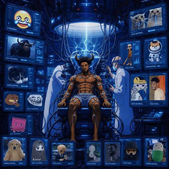 An AI-generated illustration depicts a horned figure surrounded by scientists and numerous monitors displaying memes like "Doge," "Dumpy," "Skibbidi," and various internet characters, with screens labeled "STREAMING," "DATA INCOMING," "DOWNLOADING," and "ANALYZING."