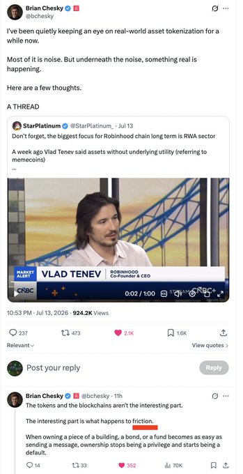 A Twitter/X post by Brian Chesky (@bchesky) discussing real-world asset tokenization, quoting a StarPlatinum post about Robinhood CEO Vlad Tenev and RWA focus, with 924.2K views and a follow-up tweet about friction in ownership.