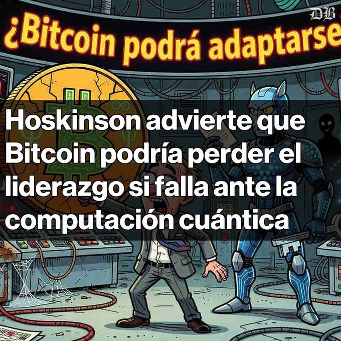 A cartoon-style illustration shows a giant Bitcoin coin beside a man in a suit appearing startled as a robotic cat-like figure approaches in a high-tech lab, overlaid with the Spanish headline "Hoskinson advierte que Bitcoin podría perder el liderazgo si falla ante la computación cuántica" and a partial top banner reading "¿Bitcoin podrá adaptarse" — visually representing Charles Hoskinson's warning that Bitcoin's rigidity against quantum computing could cost it its market leadership, while Cardano's formal governance may offer better adaptability.