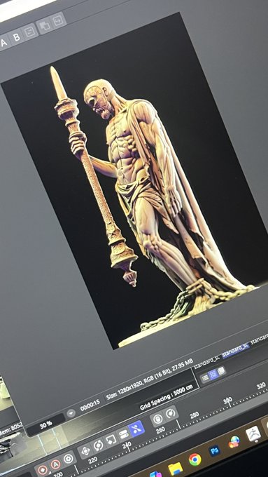 A photograph of a computer screen displaying a Photoshop image viewer with a muscular statue holding a spear against a dark background. The screenshot shows file details including "Size 1280x1920, RGB (16 Bit), 2755 MB," suggesting the artwork being previewed is a high-resolution piece likely related to the XRP community artwork promoted in the post.