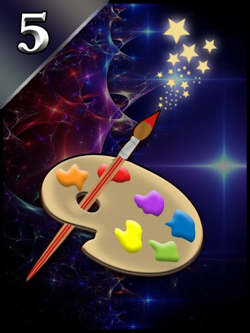 A colorful graphic features a paint palette with multicolored blobs, a paintbrush, the number '5' in the corner, and stars against a cosmic purple and blue background.