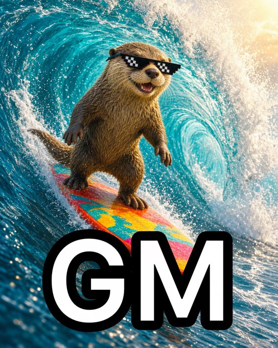An otter wearing pixelated sunglasses surfs on a colorful board atop a large wave, with the bold letters "GM" displayed below.