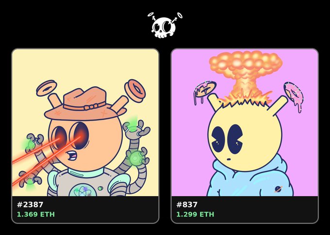 Two cartoon-style digital art NFT listings are shown against a black background with a skull logo at the top; the left (#2387, 1.369 ETH) depicts a character with red laser eyes, and the right (#837, 1.299 ETH) shows a character with a mushroom cloud explosion over its head.