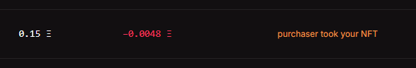 A dark image with text reading "0.15", "-0.0048", and "purchaser took your NFT" in white, pink, and orange fonts respectively.