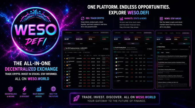 The image features a poster for a cryptocurrency exchange called WESO DEFI. The poster displays various charts and information about the exchange, including details such as fees, trading platforms, and the types of assets that can be bought or sold on the platform. The text on the poster emphasizes the benefits of using WESO DEFI, highlighting its all-in-one nature, centralized exchange, and focus on forex stable trading. The poster also mentions a "chain" and an "ON CHAIN" feature, which could potentially refer to the use of blockchain technology in the exchange's operations.