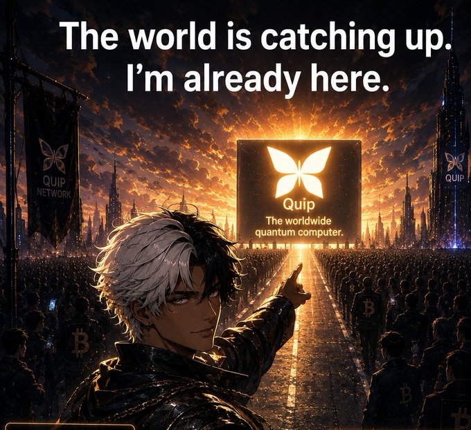 The image features a man with white hair pointing at a large butterfly-shaped sign that says "QUIP" above him. The background of the image shows a cityscape filled with buildings, suggesting an urban setting. The caption below the image reads, "The world is catching up! I'm already here." This phrase seems to be a reference to the post about Quip and its connection to the butterfly sign.