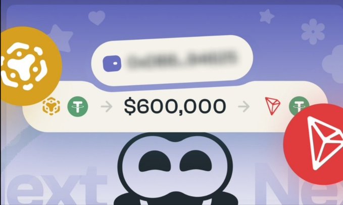 A promotional graphic shows a cryptocurrency swap with BNB and Tether (USDT) converting to $600,000 worth of Tron (TRX), featuring a Discord-style logo and mascot.