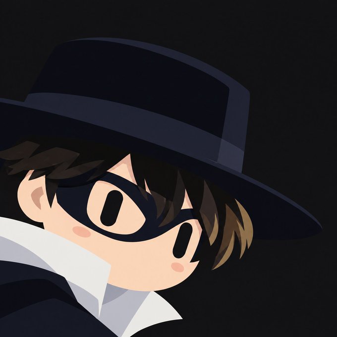 A digital illustration of a chibi-style character wearing a black fedora, a black domino mask, and a white-collared coat against a dark background.