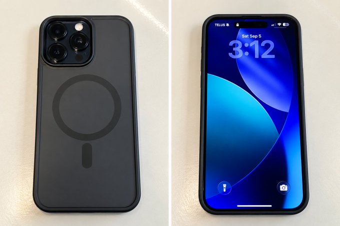 Front and back views of an iPhone in a black case featuring MagSafe wireless charging, displaying the lock screen time 3:12.