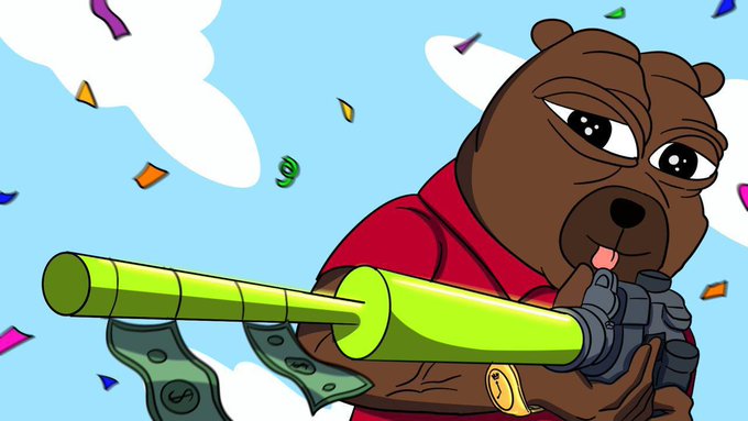 A cartoon illustration of a brown bear in a red shirt holding a green bazooka with dollar signs, with confetti falling around it.