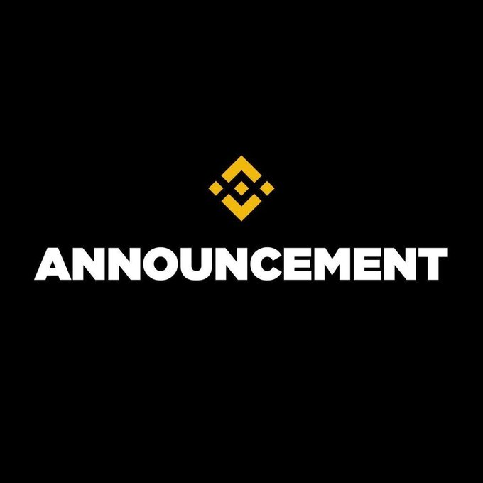 Binance logo above the word 'ANNOUNCEMENT' on a black background.
