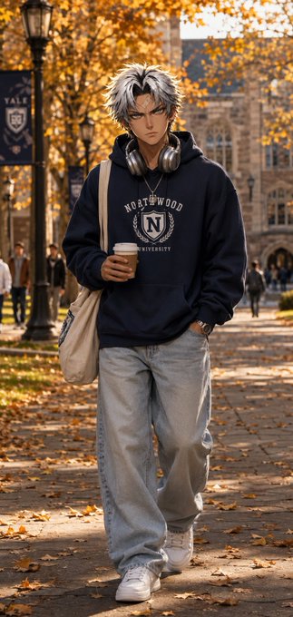 An anime-style illustration of a silver-haired young man wearing headphones around his neck and a 'Northwood University' hoodie, holding a coffee cup on a tree-lined autumn campus path.