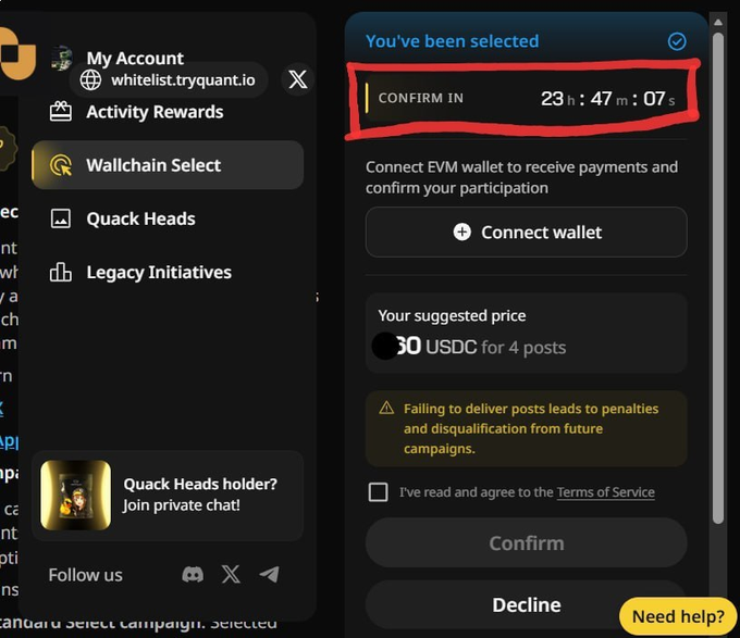 The image shows a Wallchain Select notification indicating the user has been selected for a campaign, with a countdown timer showing 23 hours, 47 minutes, and 07 seconds to confirm. It displays a suggested price of 30 USDC for 4 posts and requires connecting an EVM wallet to confirm participation, aligning with the post's mention of accepting offers and receiving USDC payments for promo tweets.
