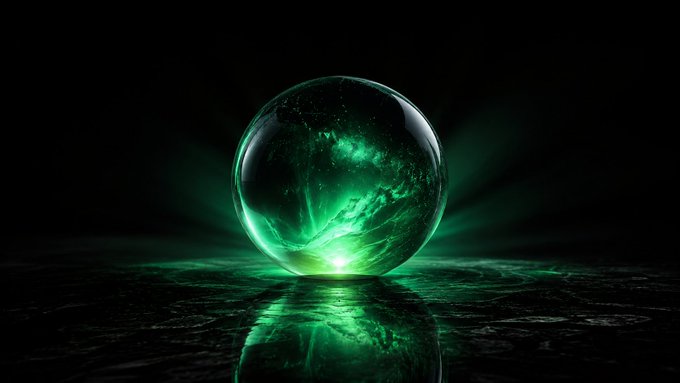A glowing green crystal sphere sits on a dark, textured surface, emitting a vibrant emerald light that reflects off the ground beneath it. The dark background emphasizes the mysterious, magical quality of the orb.
