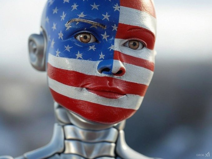 A humanoid robot's face is painted with the American flag, featuring red and white stripes across the lower half and a blue field with white stars covering the upper half and forehead. The image bears a "Grok x1" watermark in the bottom right corner and thematically evokes a sense of patriotic resilience, perhaps symbolizing holding ground or standing firm in volatile market conditions as referenced in the accompanying crypto update post.