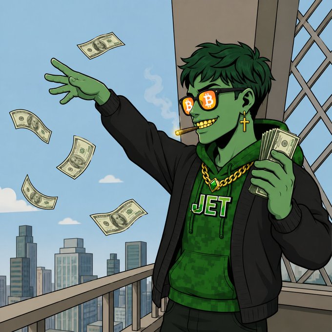 A cartoon illustration of a green-skinned character with Bitcoin sunglasses and gold grillz, smoking a cigar and throwing dollar bills into the air while wearing a 'JET' hoodie and holding a stack of cash.