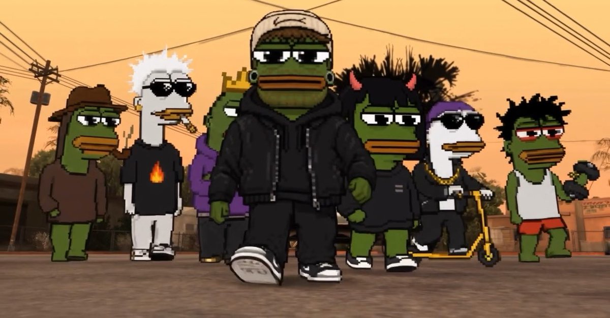 A group of cartoon-style duck characters, several wearing sunglasses and streetwear like hoodies, stand together outdoors at sunset in what appears to be a stylized animated scene.