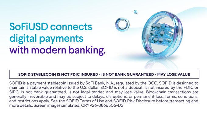 The image features an advertisement for a stable coin called SoFiUSDT. The text on the image explains that the coin was created by a US bank, which has chosen to issue it as a stablecoin rather than a fiat currency. This decision is based on the fact that the value of the token is not tied to any specific country's economy or government, making it more resistant to economic fluctuations and political instability. The image also includes a blue circle with a silver ring in the center, which could be interpreted as a symbol for the stability and security offered by the stablecoin.