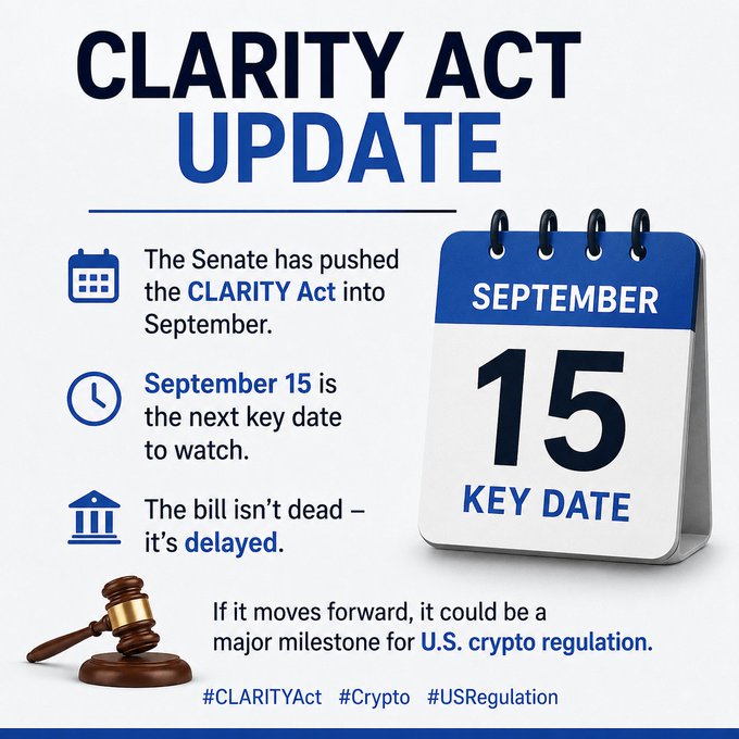 A 'CLARITY ACT UPDATE' infographic announcing the Senate has pushed the bill to September, highlighting September 15 as the next key date for U.S. crypto regulation.