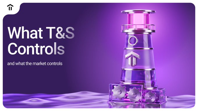 A purple promotional graphic featuring the title "What T&S Controls and what the market controls," paired with a stylized 3D illustration of a transparent lighthouse and floating gear blocks that visually symbolize T&S's fixed-rule smart contract foundation versus market-driven variables.