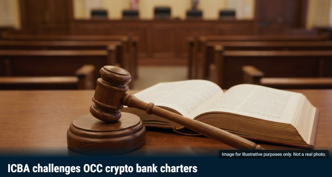 A courtroom setting featuring a wooden gavel resting on an open book on a desk, with the text 'ICBA challenges OCC crypto bank charters' displayed at the bottom and 'Image for illustrative purposes only. Not a real photo.' in the corner.