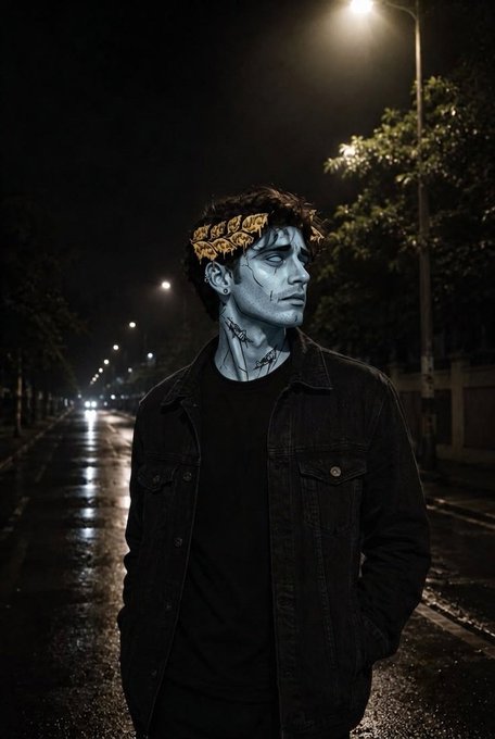 A young man with a laurel wreath crown and dark makeup stands on a wet street at night under a streetlight, styled in an artistic portrait.