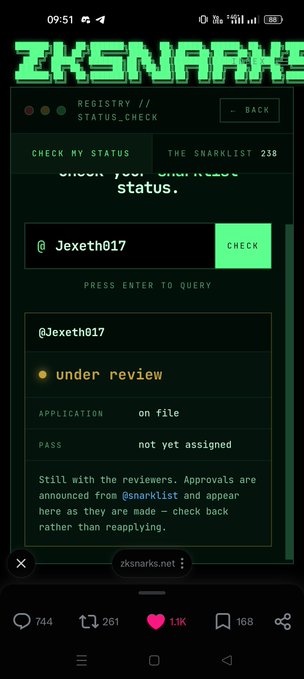 A mobile screenshot of the 'ZKSNARKS' website showing a status check page for user @Jexeth017, indicating 'under review' and 'on file' application status.