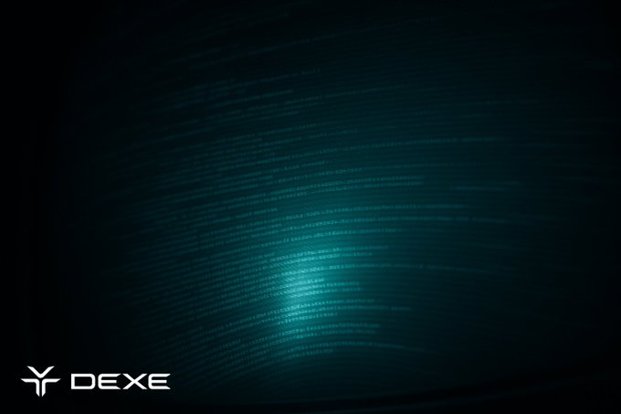 A dark, teal-tinted abstract image featuring faint, grid-like text patterns resembling lines of code or data, with the "DEXE" logo in the bottom left corner. The minimalist, code-stream aesthetic reinforces the post's message of a behind-the-scenes "build log," visually suggesting hidden, ongoing development that the quiet surface weeks belied.