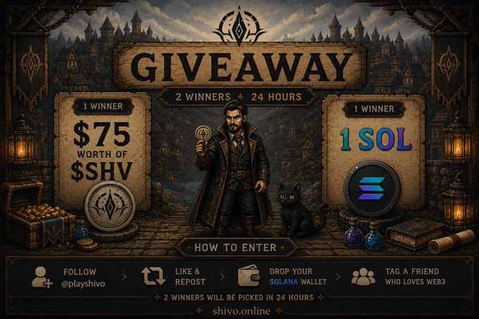 A gothic-themed giveaway banner advertises prizes of $75 worth of $SHV and 1 SOL for 2 winners in 24 hours, featuring a Victorian-style magician holding a SHV token alongside a black cat, with instructions to follow @playshivo, like/repost, drop a Solana wallet, and tag a friend who loves Web3. The image directly supports the post by visually highlighting the final hours of the crypto giveaway with bold prize amounts and a fantasy aesthetic that matches the #Shivo #Solana #Web3Gaming promotion.