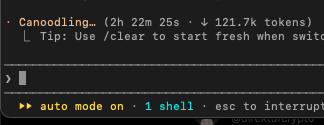The image shows a terminal or chat interface with "Canoodling..." running for 2h 22m 25s and processing 121.7k tokens, with a prompt above. This relates to the post's frustration about waiting nearly 3 hours for incomplete results, capturing the user's exasperation with the slow, ongoing processing.