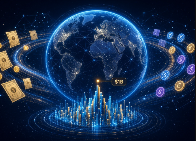 A glowing digital globe with city lights and network nodes hovers above a futuristic bar chart displaying "$1B," surrounded by floating golden stock certificates and colorful token icons. The visual emphasizes the post's theme of global onchain finance, with the "$1B" label directly representing Base's milestone of Coinbase Tokenized Stocks surpassing $1 billion in network volume.