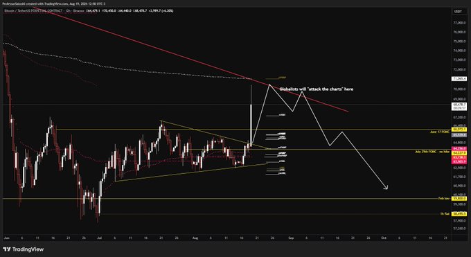 A Bitcoin/USD TradingView chart with technical analysis annotations including 'Globalists will "attack the charts" here' and Fibonacci retracement levels marking key support zones.