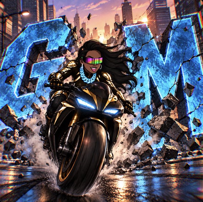 A stylized digital illustration shows a woman wearing colorful LED sunglasses riding a futuristic motorcycle through a crumbling cityscape, bursting through large blue letters spelling 'GM.'