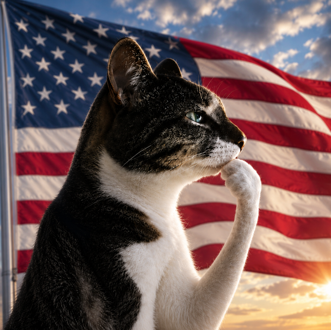 A black and white cat raised on its hind leg in a thinking pose is silhouetted against a large American flag waving at sunset, symbolizing deep contemplation about the leading name in the PONS ecosystem and its broader patriotic significance.